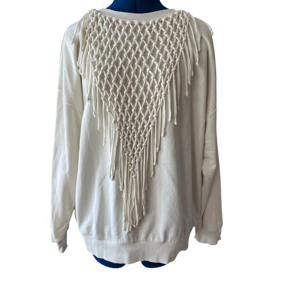 Zara Off White Fringe Boho Sweatshirt Women's Size M Macrame Cottage Hippie - Picture 1 of 10